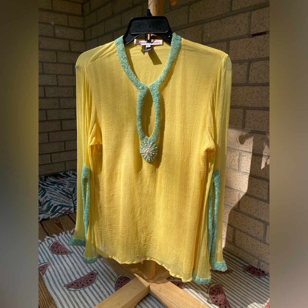 Jeannie Mcqueeny 100% Silk Yellow Blouse Blue Beaded Sunburst & Sleeve Detail - Picture 4 of 17